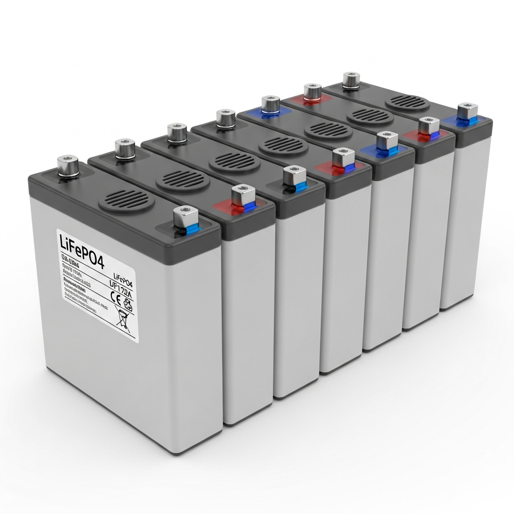 Row of LiFePO4 prismatic battery cells isolated on white surface showing terminal connections and vent caps