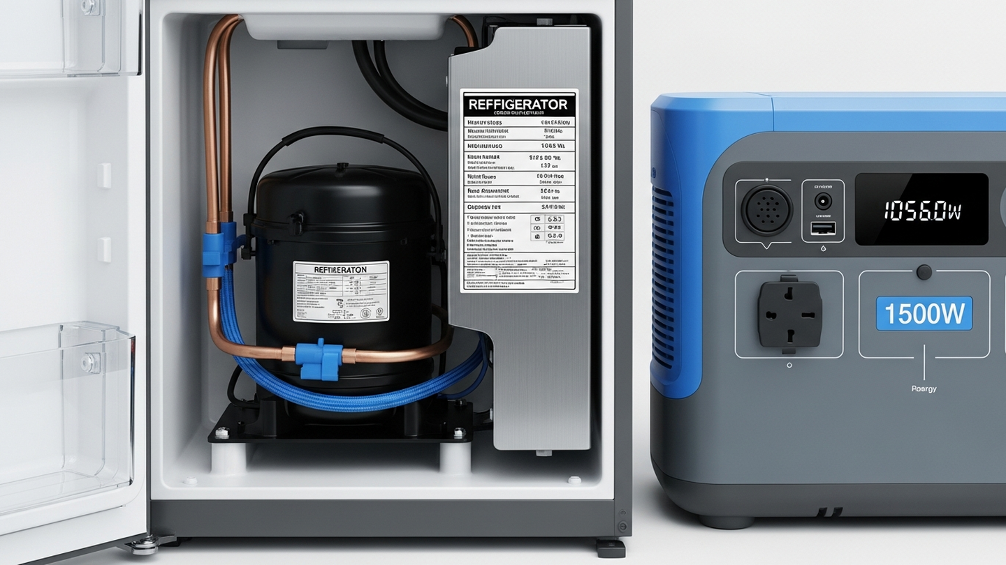 Portable power station connected to a refrigerator with AC watt draw visible on the display