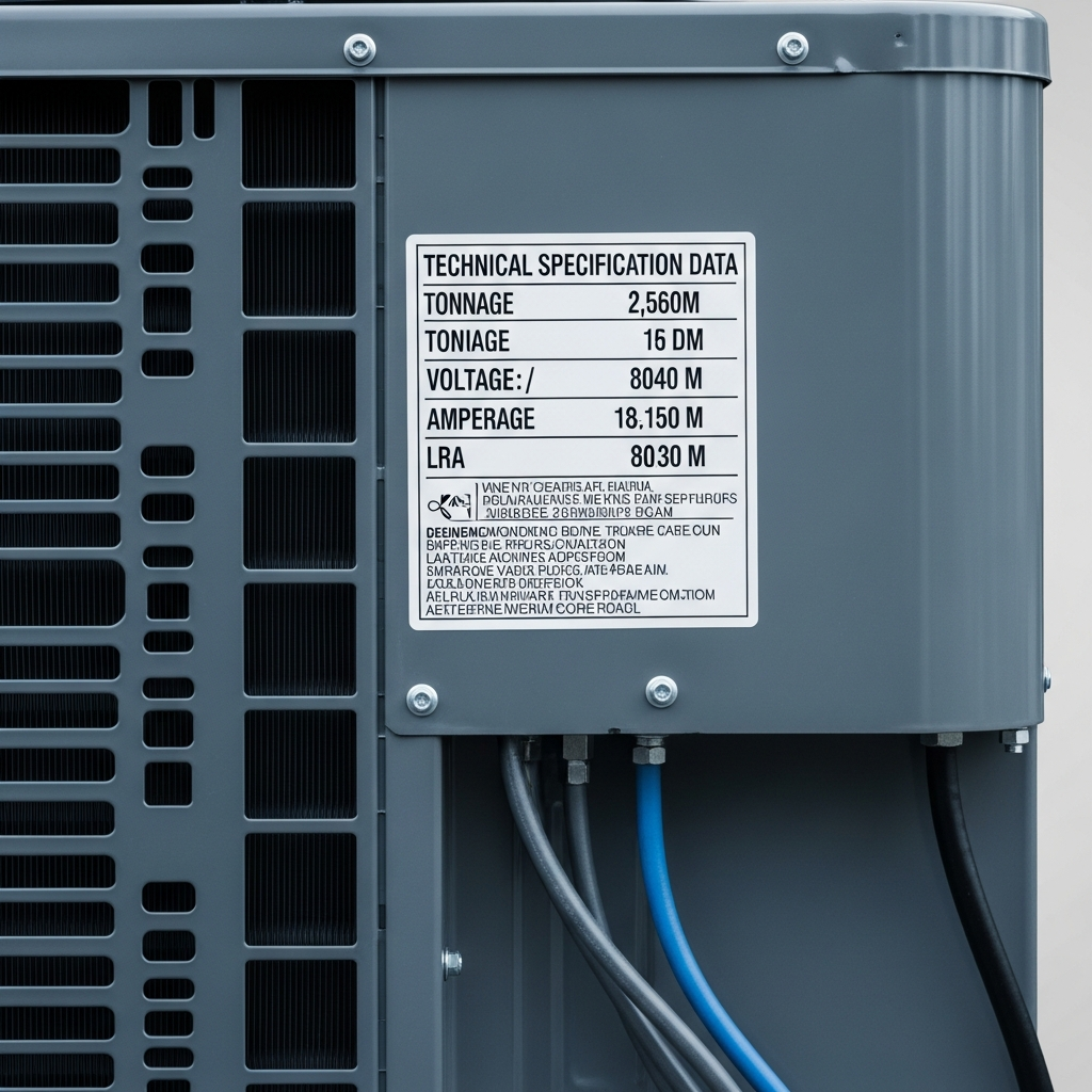 Residential central air conditioner condenser unit with spec label showing tonnage, voltage, and LRA ratings