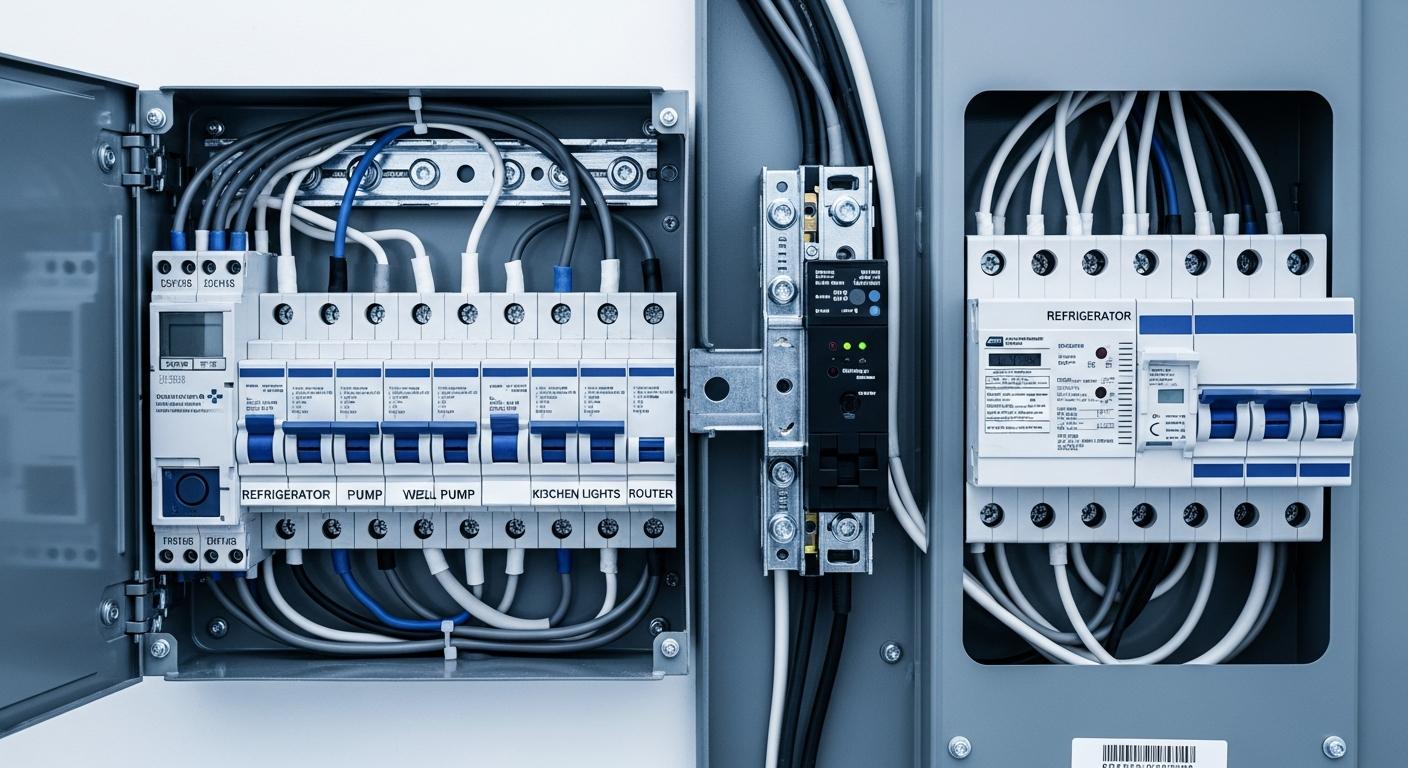 Open residential critical-load subpanel with labeled backup circuits beside a main breaker panel