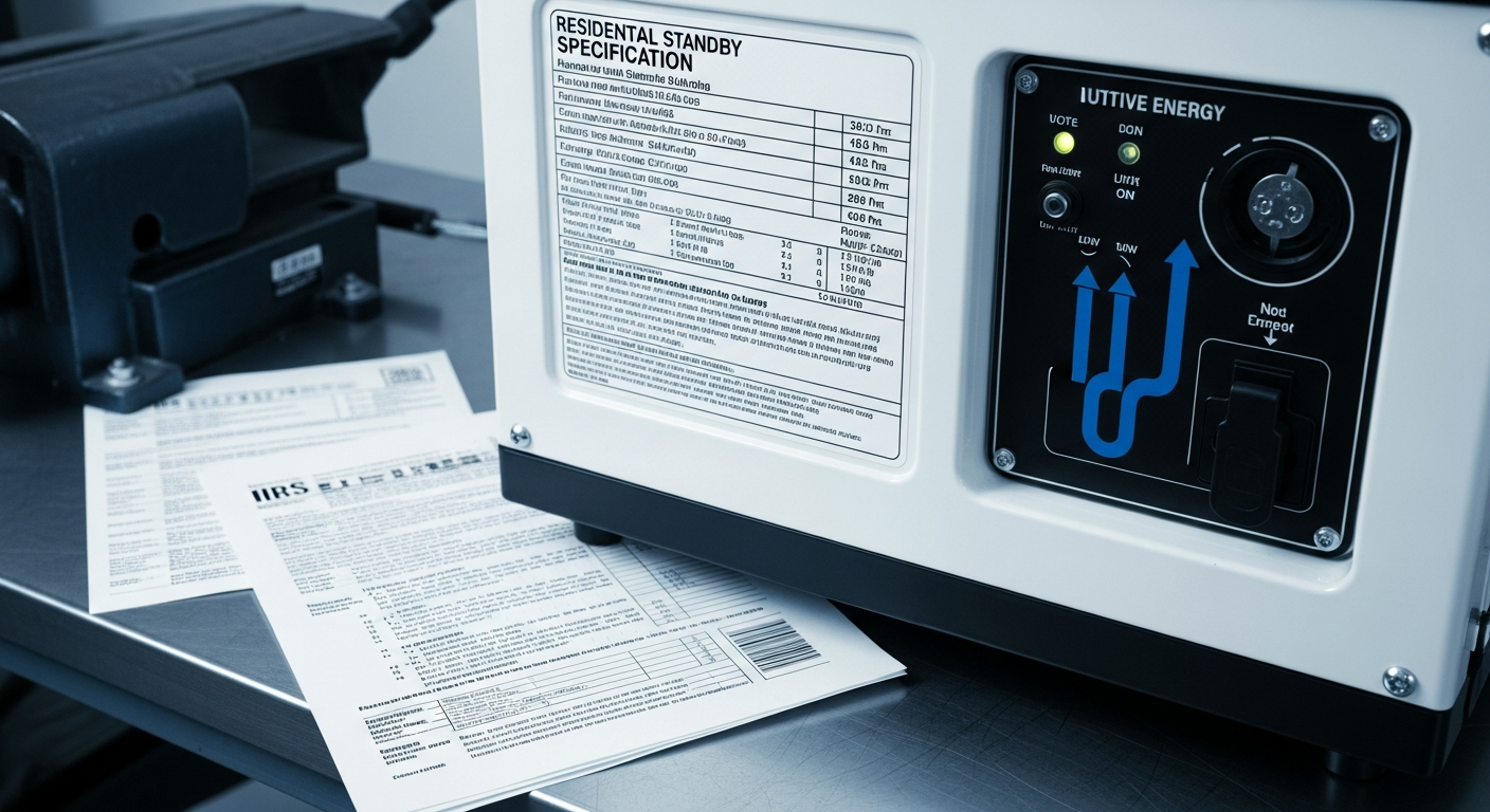 Standby generator specification label beside IRS tax forms on a workbench