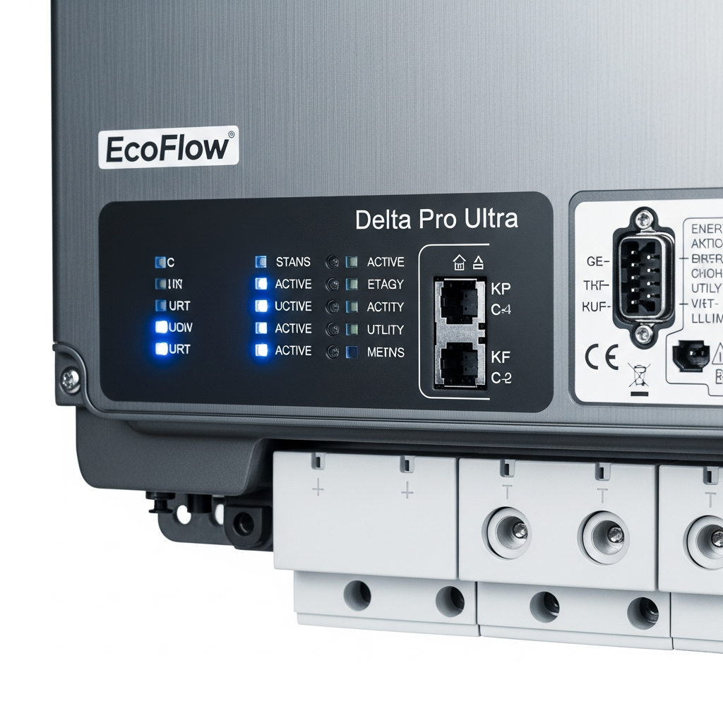 EcoFlow Delta Pro Ultra inverter unit with battery module showing front panel connections and status indicators