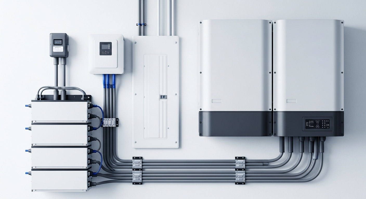 Wall-mounted home battery units beside a breaker panel for an Enphase IQ Battery vs Tesla Powerwall comparison