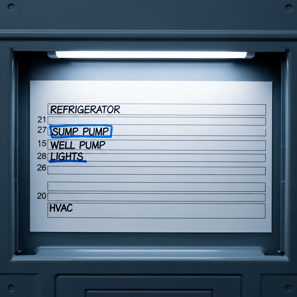 Residential electrical panel schedule listing circuit labels and amperage ratings for load prioritization