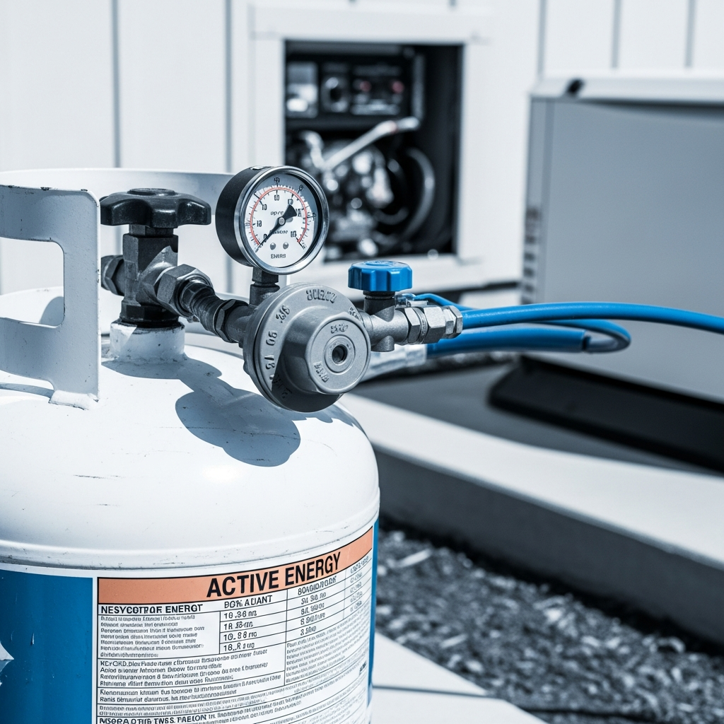 Residential propane tank with pressure gauge and regulator fittings beside a standby generator installation