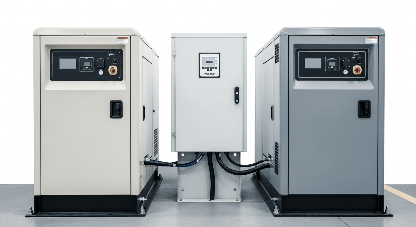 Two residential standby generators and a transfer switch cabinet staged side by side for a whole-house generator comparison