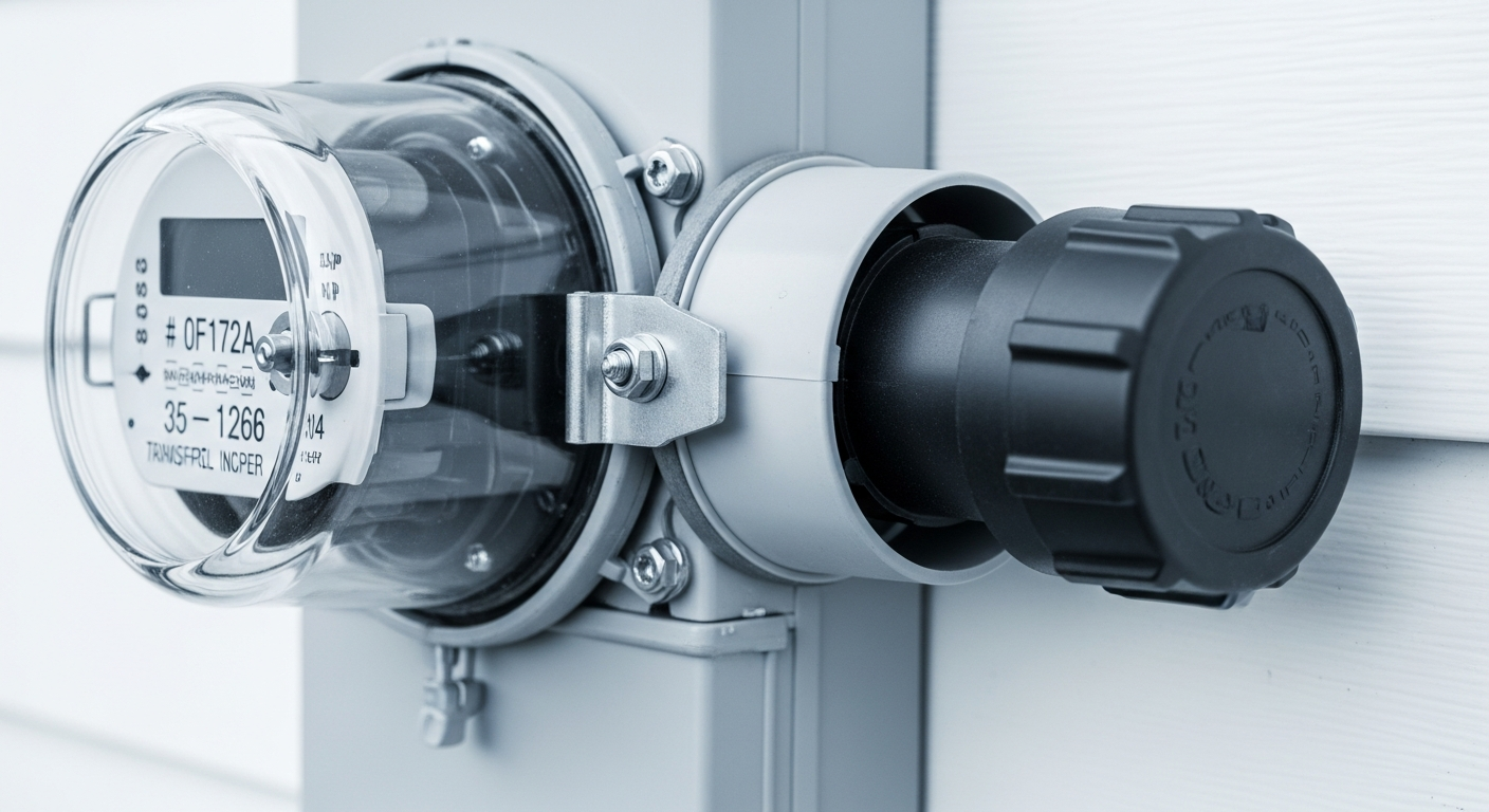 GenerLink meter-mounted transfer switch installed behind a residential electric meter with generator inlet port visible