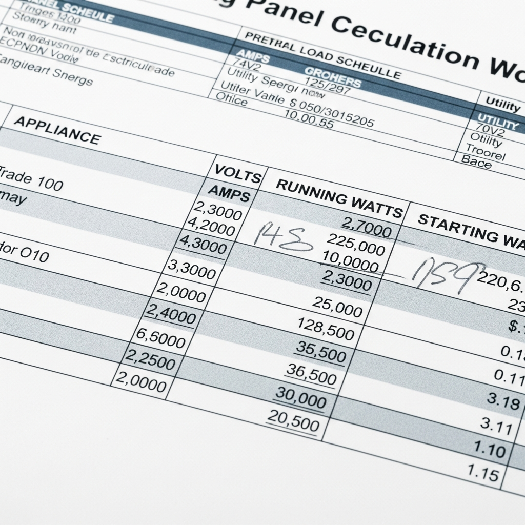 Load calculation worksheet showing appliance wattages and circuit totals for a residential backup power audit