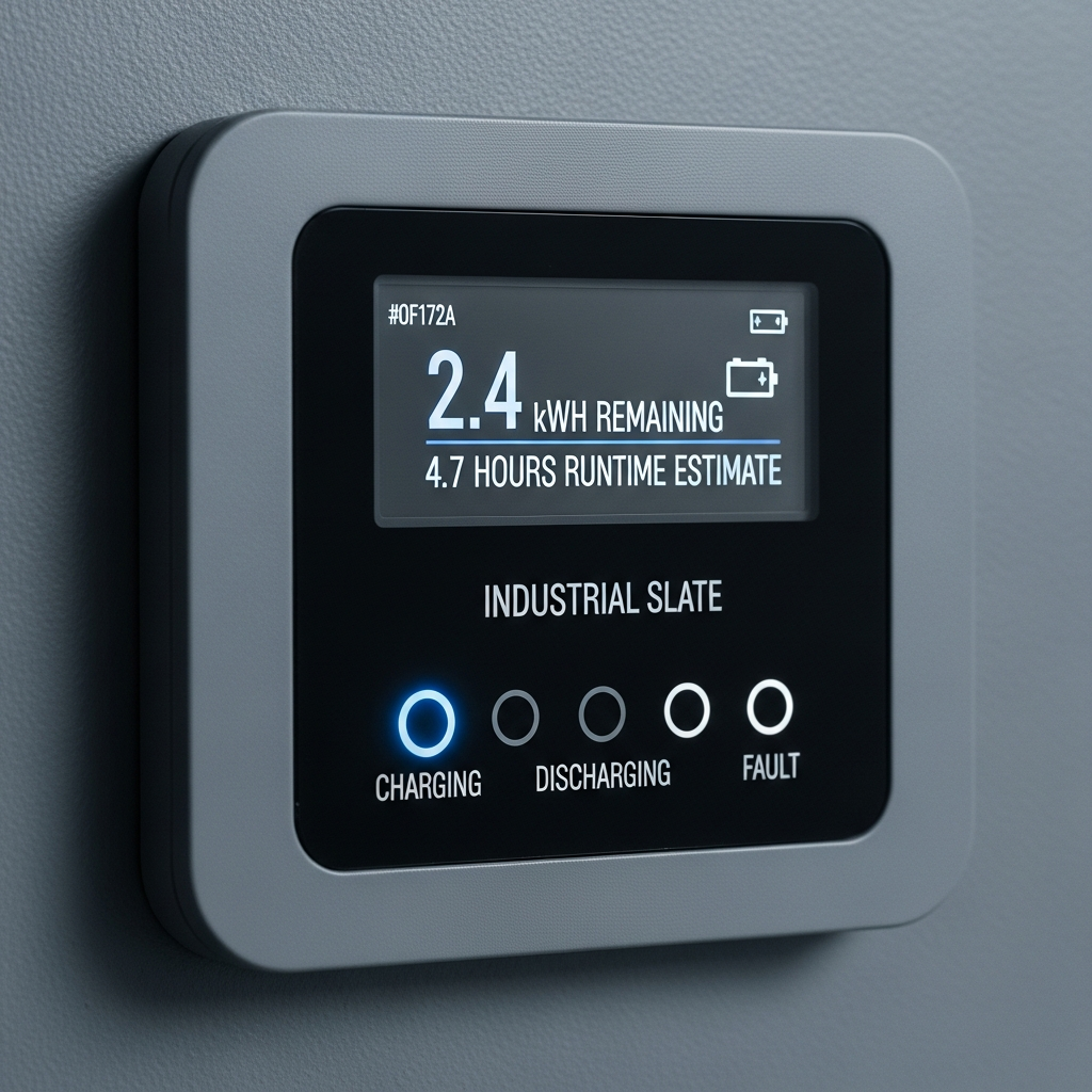 Home battery storage system display panel showing state of charge percentage and estimated runtime remaining