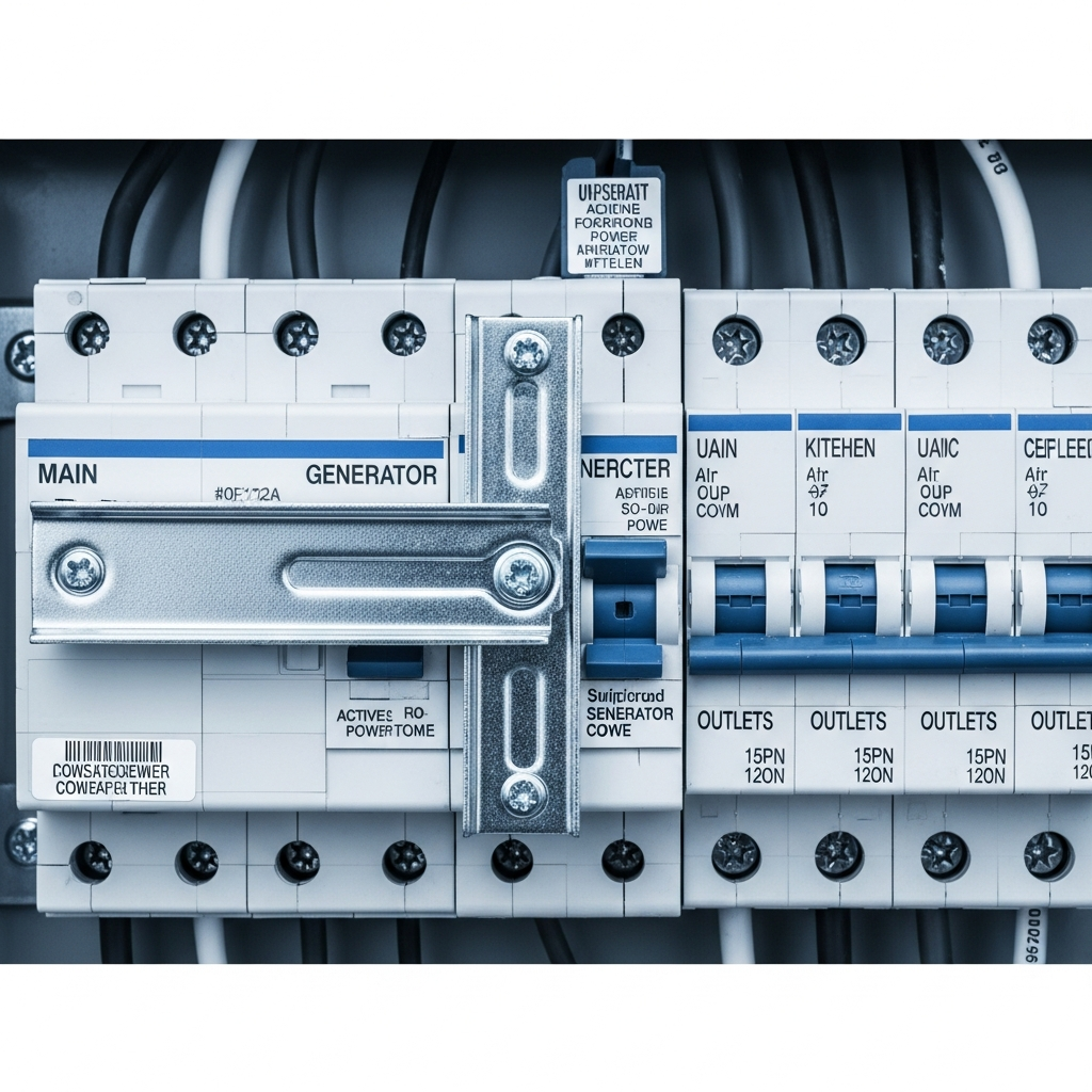 Generator interlock kit installed on a residential main breaker panel, showing the sliding metal bracket mechanism