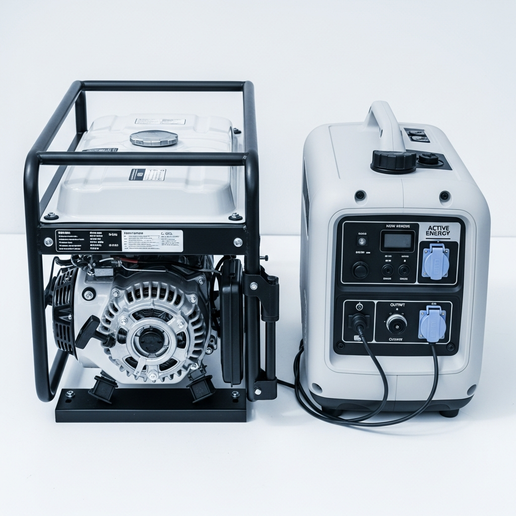 Open-frame conventional generator next to inverter generator unit showing output spec panels and wattage ratings
