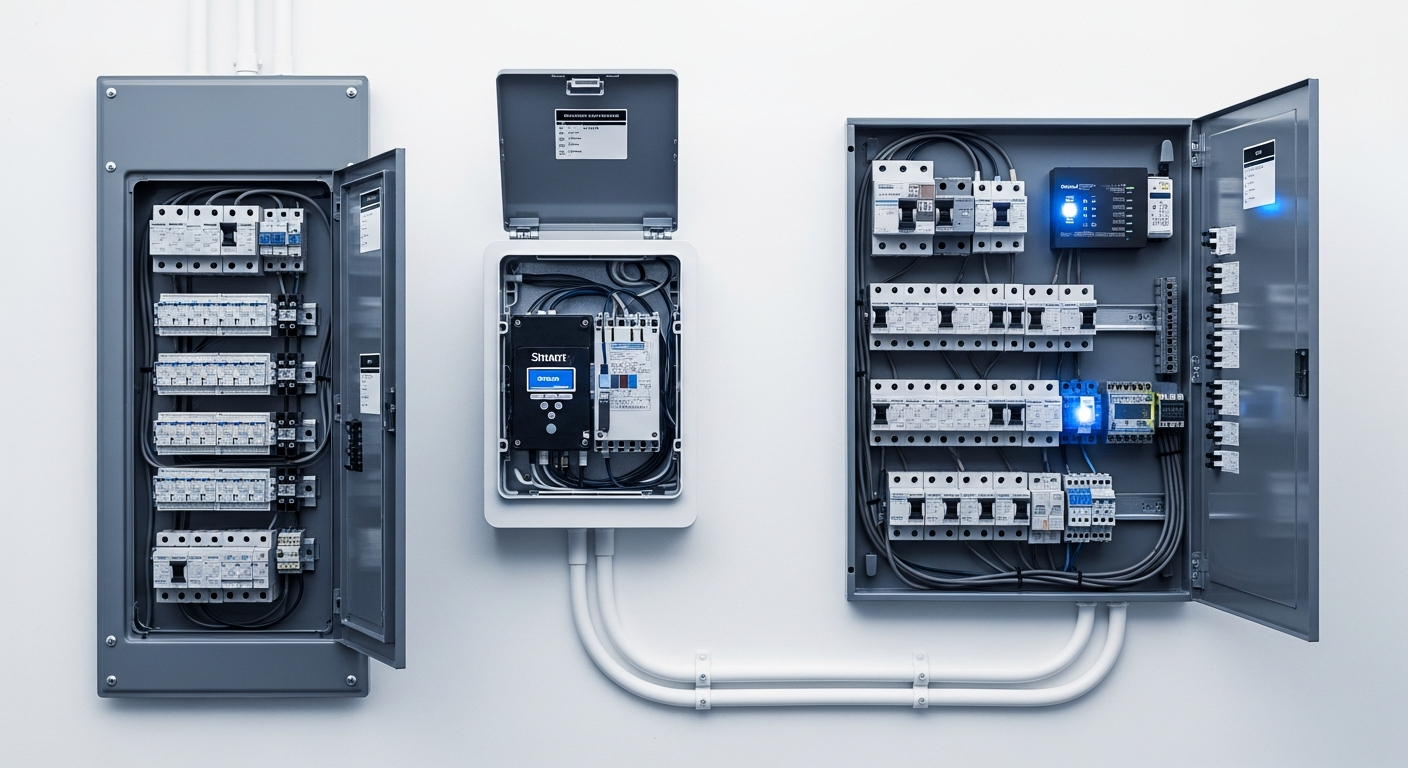 Open residential electrical panel beside a retrofit smart load controller for a Lumin smart panel vs SPAN comparison