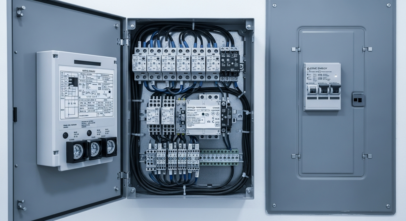 Open automatic transfer switch enclosure with labeled control wiring and relay terminals for whole-home backup