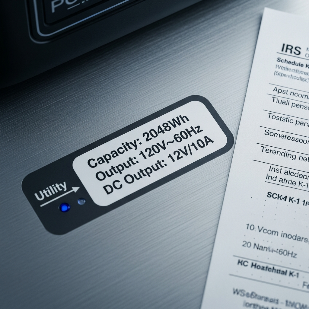 Portable power station spec label showing capacity in watt-hours next to IRS Form 5695