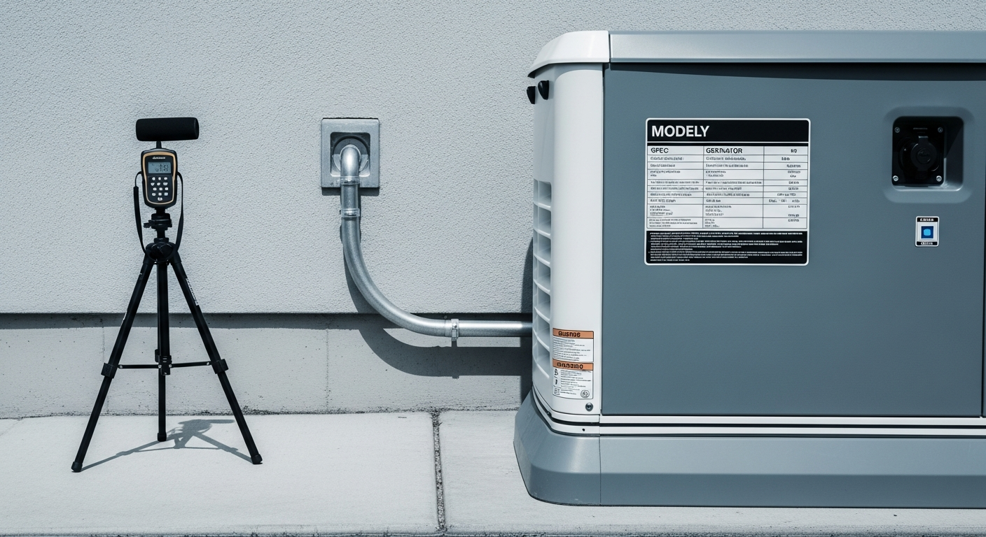 Standby generator on concrete pad with sound meter tripod set for whole-house generator noise testing