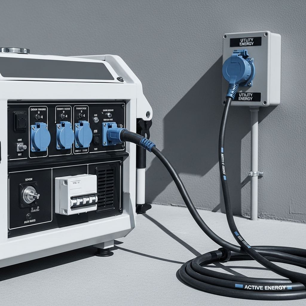 Portable generator running outdoors on a concrete pad with proper cord connection to a house inlet box mounted on exterior wall