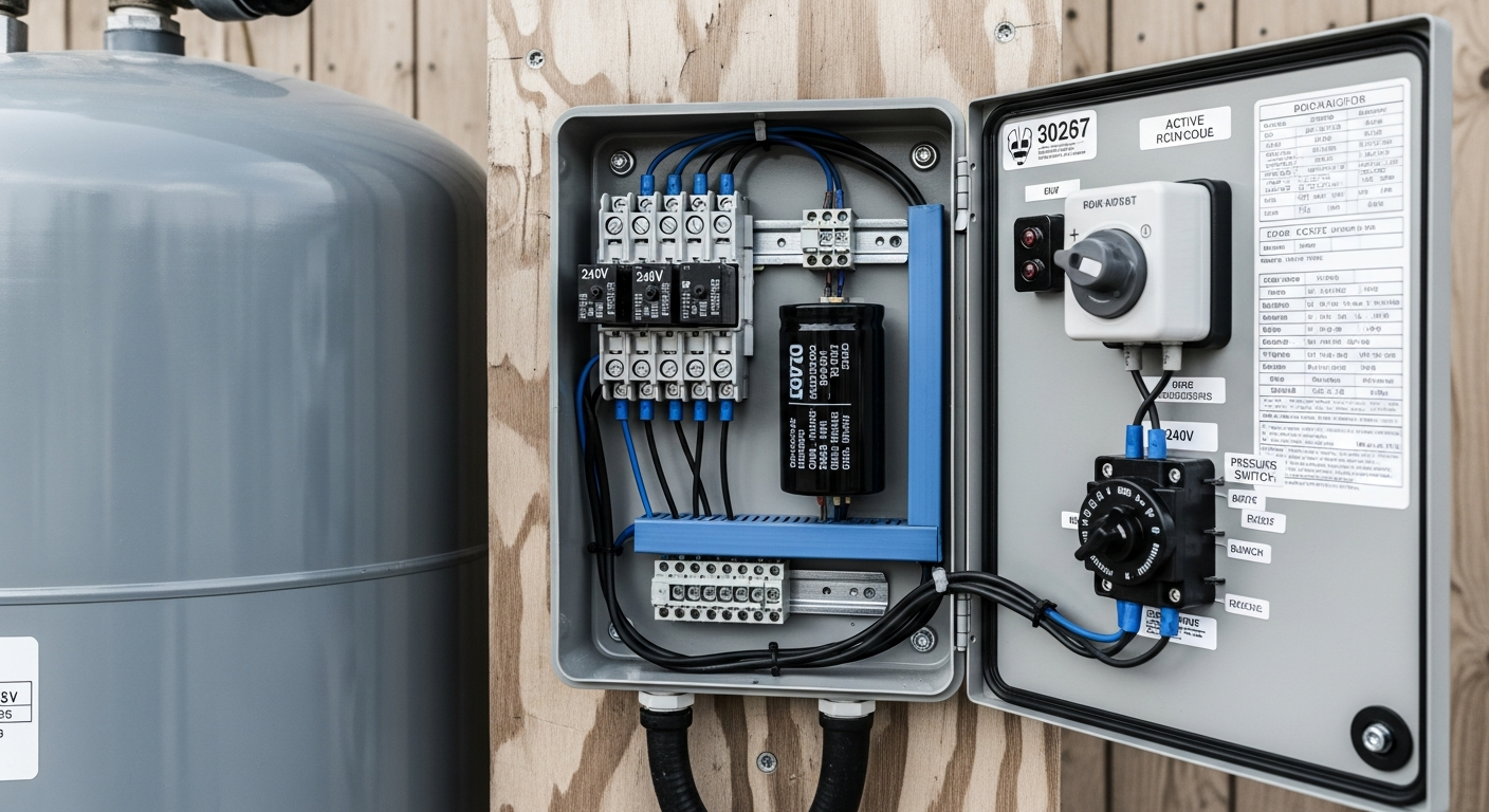 Open well pump control box with labeled 240V circuit terminals and pressure switch for home backup