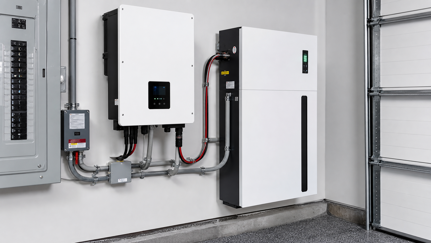 Illustration of home battery and inverter equipment beside an electrical panel