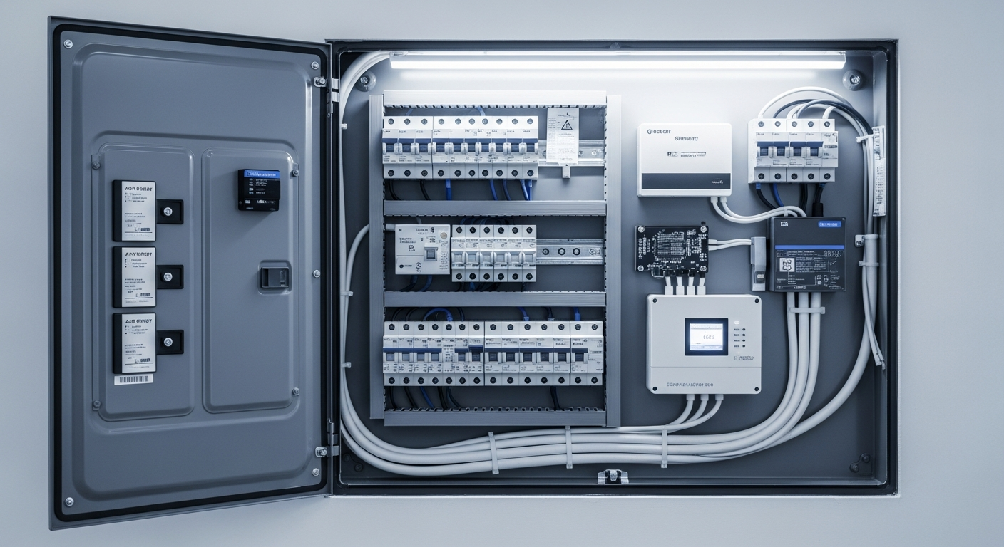 Open smart electrical panel with labeled breakers and monitoring hardware for a SPAN smart panel review