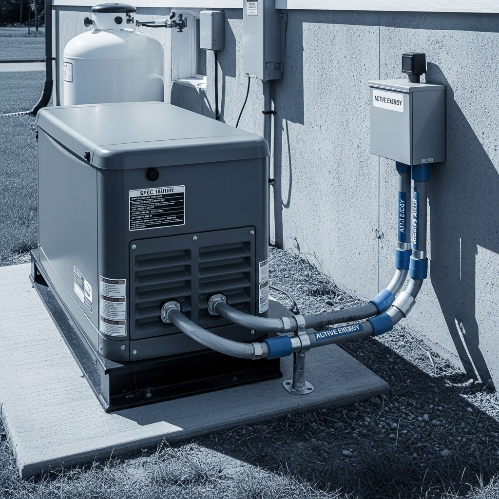 Residential standby generator unit installed on a concrete pad beside a house, spec plate visible, propane tank in background