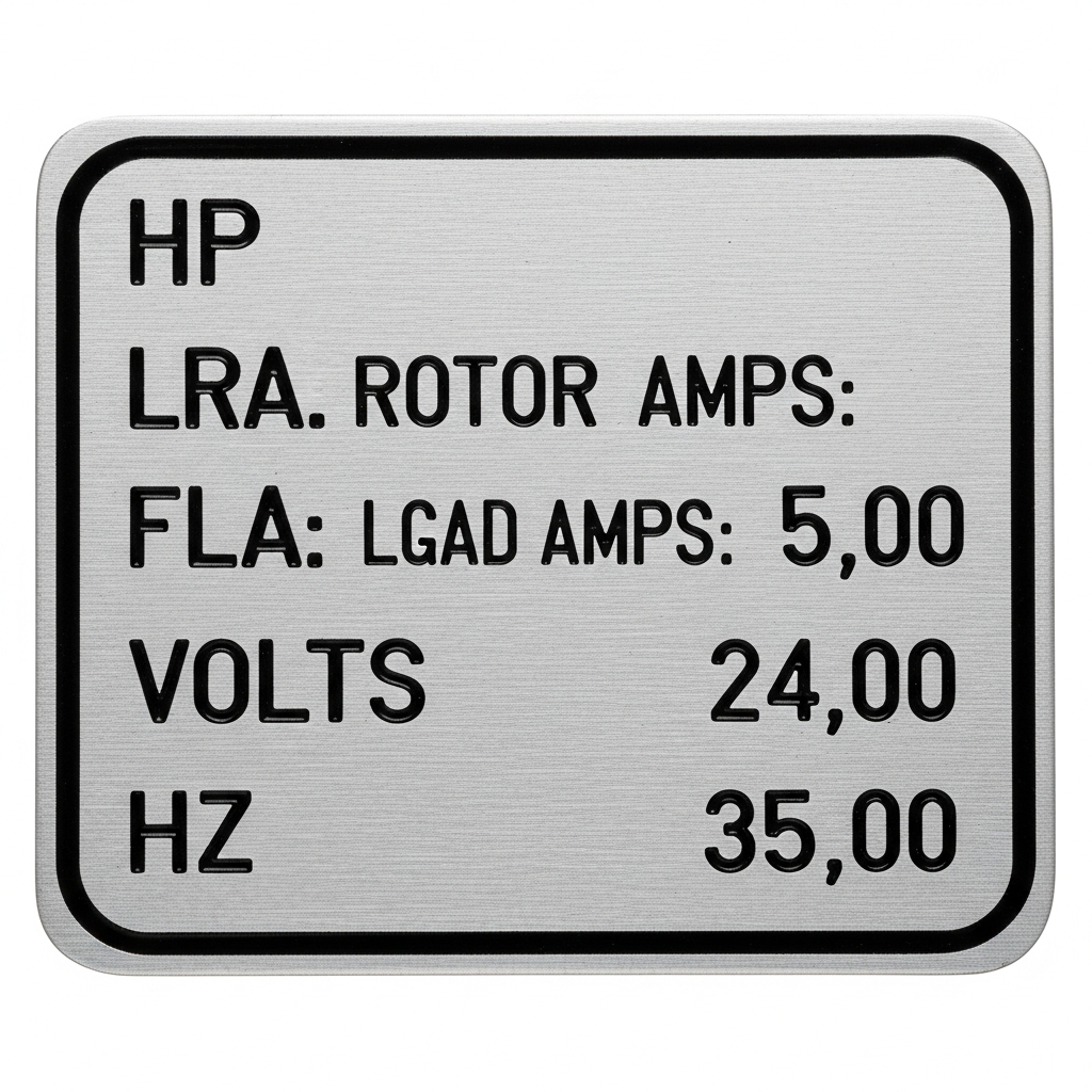 Electric motor nameplate showing LRA locked rotor amps and running amps specifications