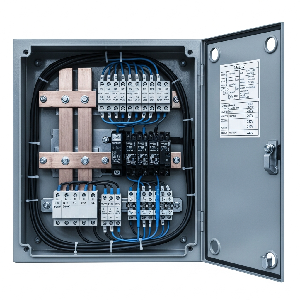 Open automatic transfer switch panel showing internal copper bus bars, labeled wiring terminals, and relay contacts