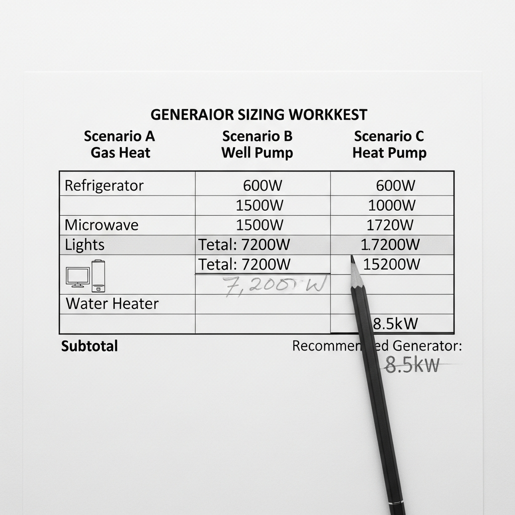 Generator sizing worksheet showing three scenario columns comparing load calculations for homes with different HVAC and water systems